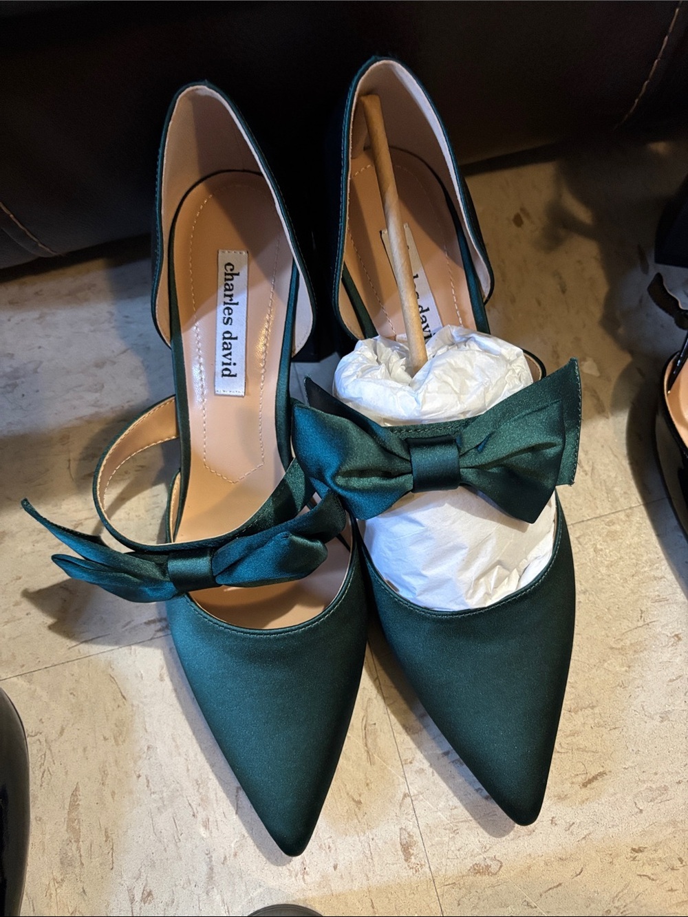 Charles David Dark Green Satin Pointed-Toe Bow Pumps